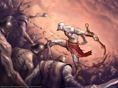 Kratos in una posa molto bulla contro le schiere di Ares