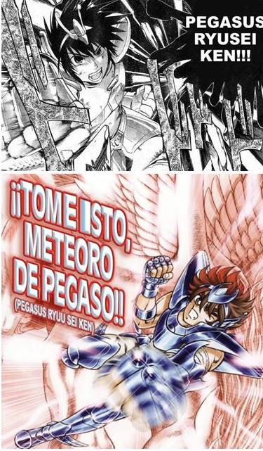 Altro confronto: il Pegasus Ryuseiken di Tenma in Lost Canvas (in alto) e in Next Dimension (in basso). Scegliere il disegno migliore è proprio una cosa DIFFICILISSIMA