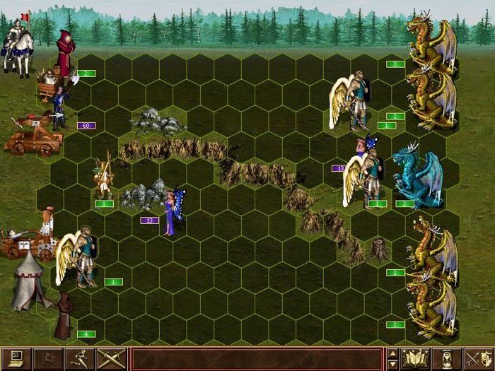 Confronto tra armate nella schermata di battaglia di HoMM 3, con l'eroe a sovrintendere in alto a sinistra. Qui volano botte da orbi!